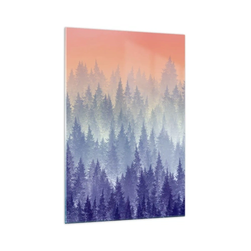 Impression sur verre - Image sur verre - Une forêt brumeuse aux tons violets et orange - 70x100cm - Haut, plus haut, vers le ciel - Décoration murale moderne pour le salon et la chambre ARTTOR