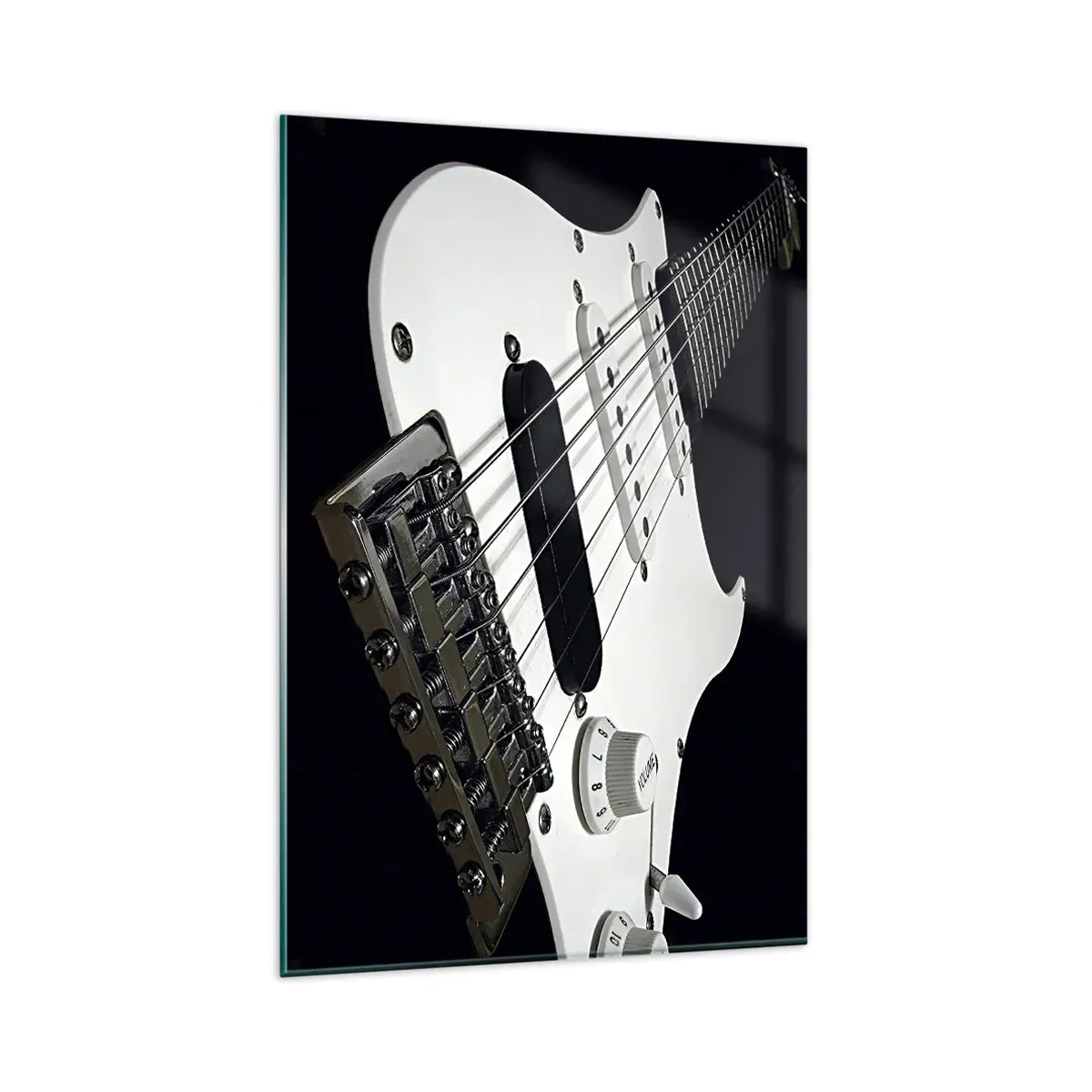 Impression sur verre - Image sur verre - Gros plan d'une guitare électrique blanche sur fond noir. - 80x120cm - Son caché en blanc - Décoration murale moderne pour le salon et la chambre ARTTOR