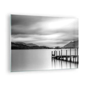 Impression sur verre - Image sur verre - Paysage noir et blanc avec un lac et une jetée en bois - 70x50cm - Douceur et force - Décoration murale moderne pour le salon et la chambre ARTTOR