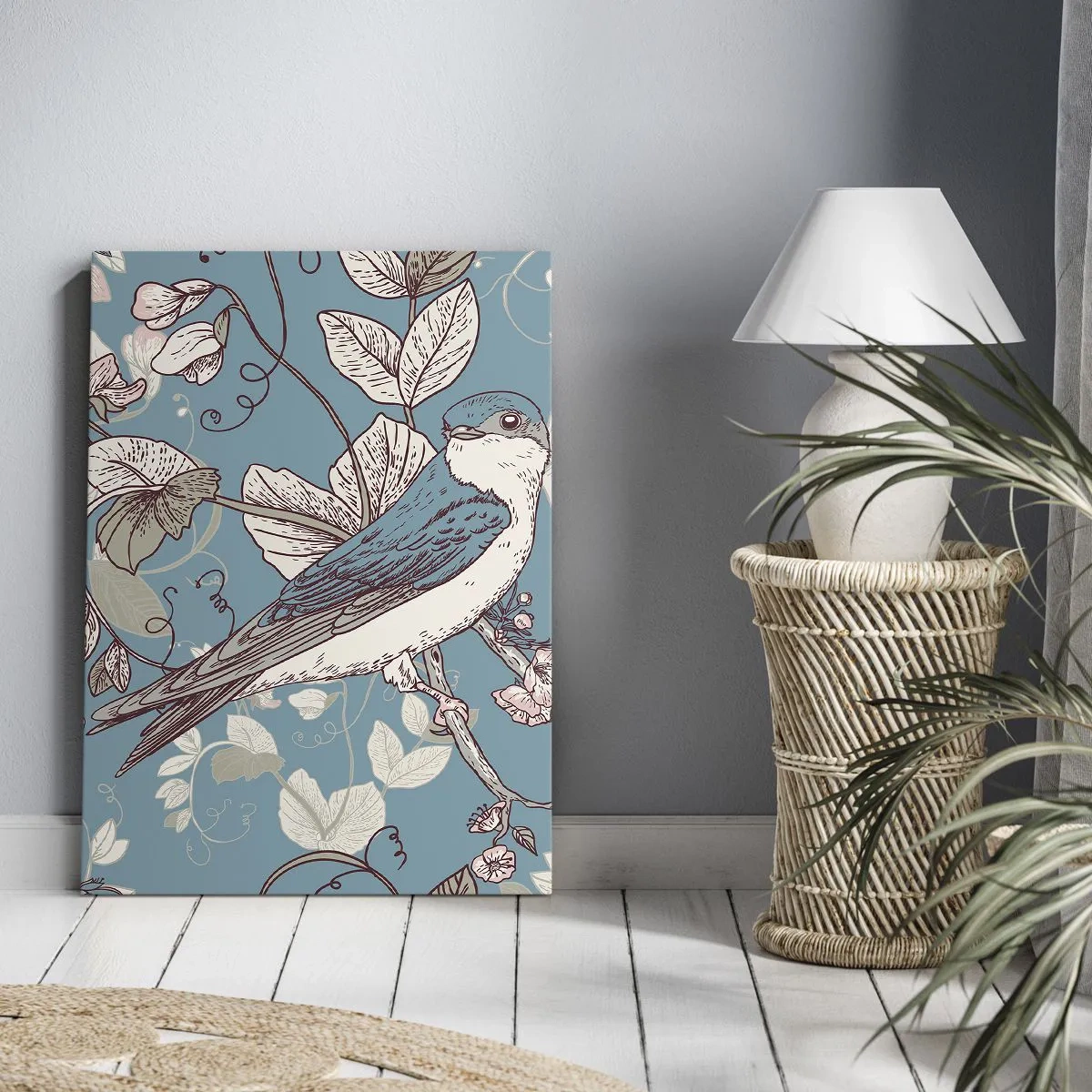 Impression sur toile - Image sur toile - Un oiseau sur une branche dans un style floral délicat - 70x100cm - Dans le bois blanc du rouge et de l'argent - Décoration murale moderne pour le salon et la chambre ARTTOR