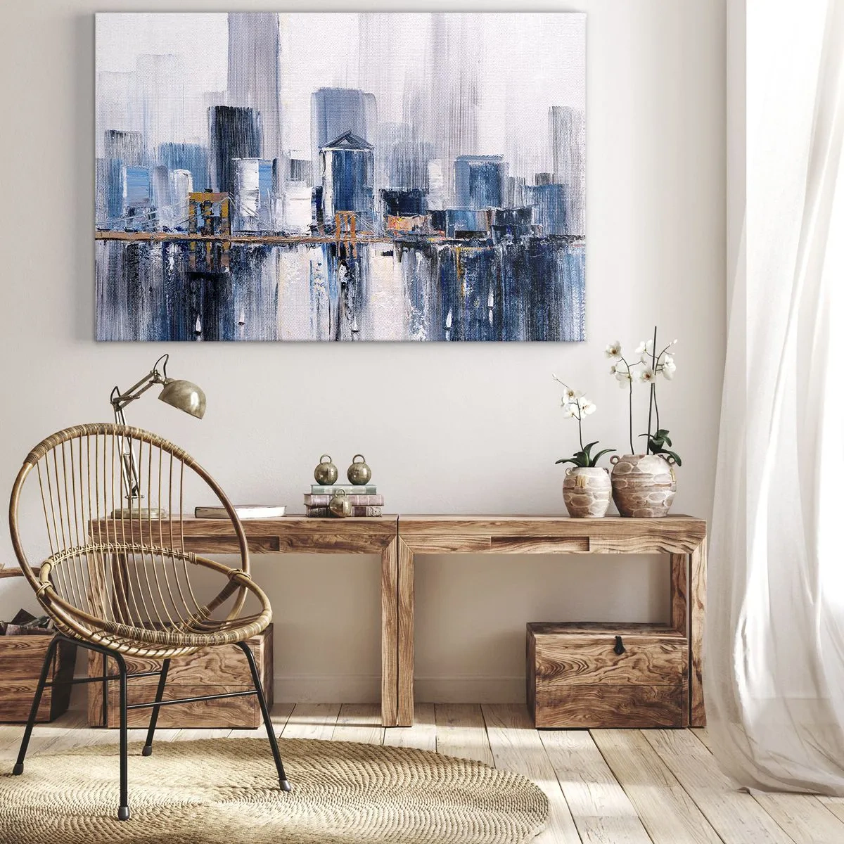 Impression sur toile - Image sur toile - Panorama urbain abstrait avec des nuances de bleu et de jaune - 70x50cm - Impression new-yorkaise - Décoration murale moderne pour le salon et la chambre ARTTOR