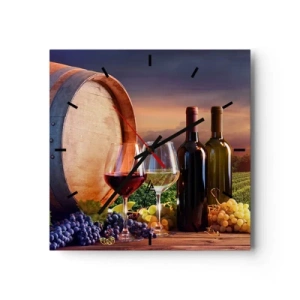 Horloge murale - Pendule murale - Du vin, des verres et un tonneau dans un paysage pittoresque - 30x30cm - Ici la vie a du goût - Décoration murale moderne pour le salon et la chambre ARTTOR