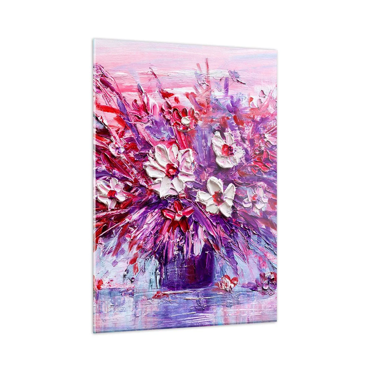 Impression sur verre - Image sur verre - Un bouquet de fleurs dans les tons de rose et de violet - 50x70cm - Innocence et passion - Décoration murale moderne pour le salon et la chambre ARTTOR