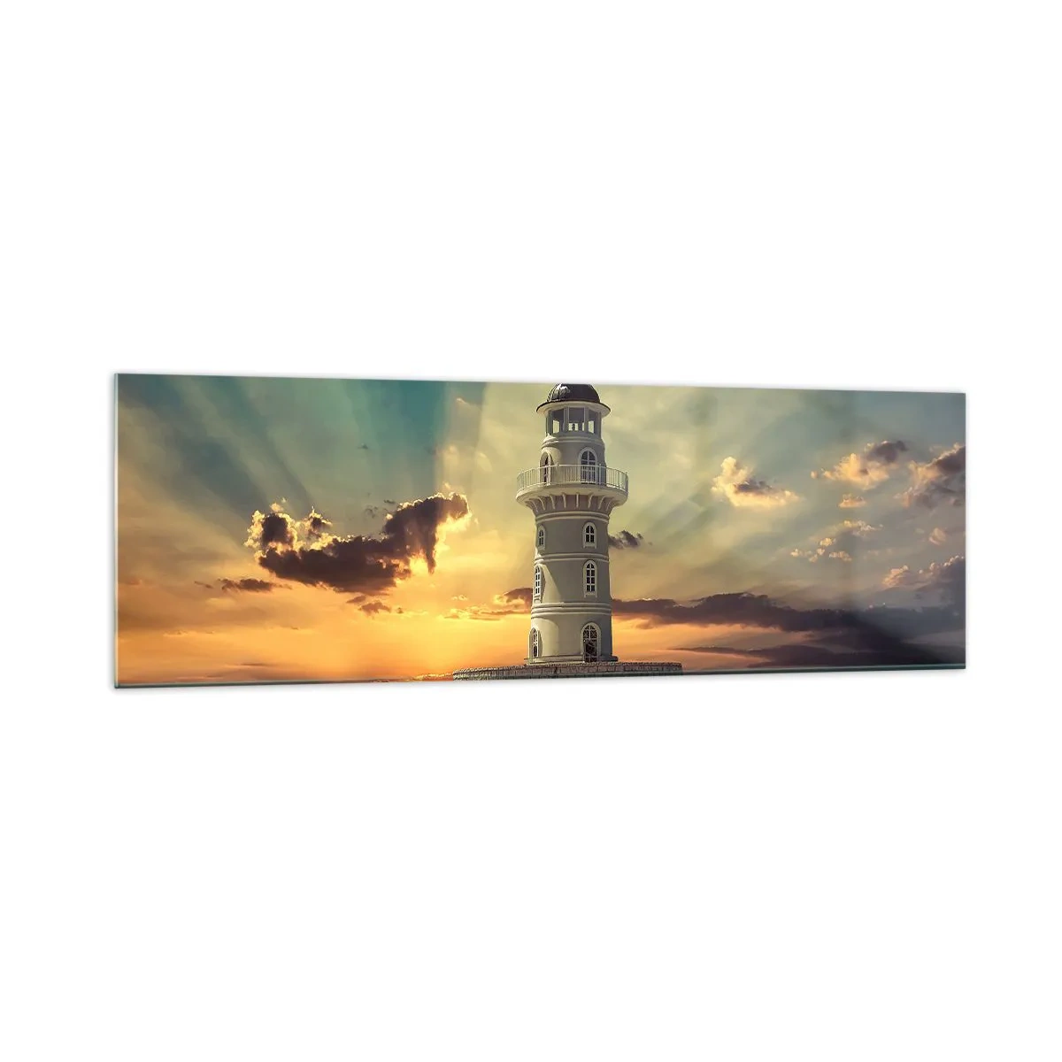 Impression sur verre - Image sur verre - Un phare au coucher du soleil contre le ciel - 160x50cm - Lumière - Bonté - Beauté - Décoration murale moderne pour le salon et la chambre ARTTOR