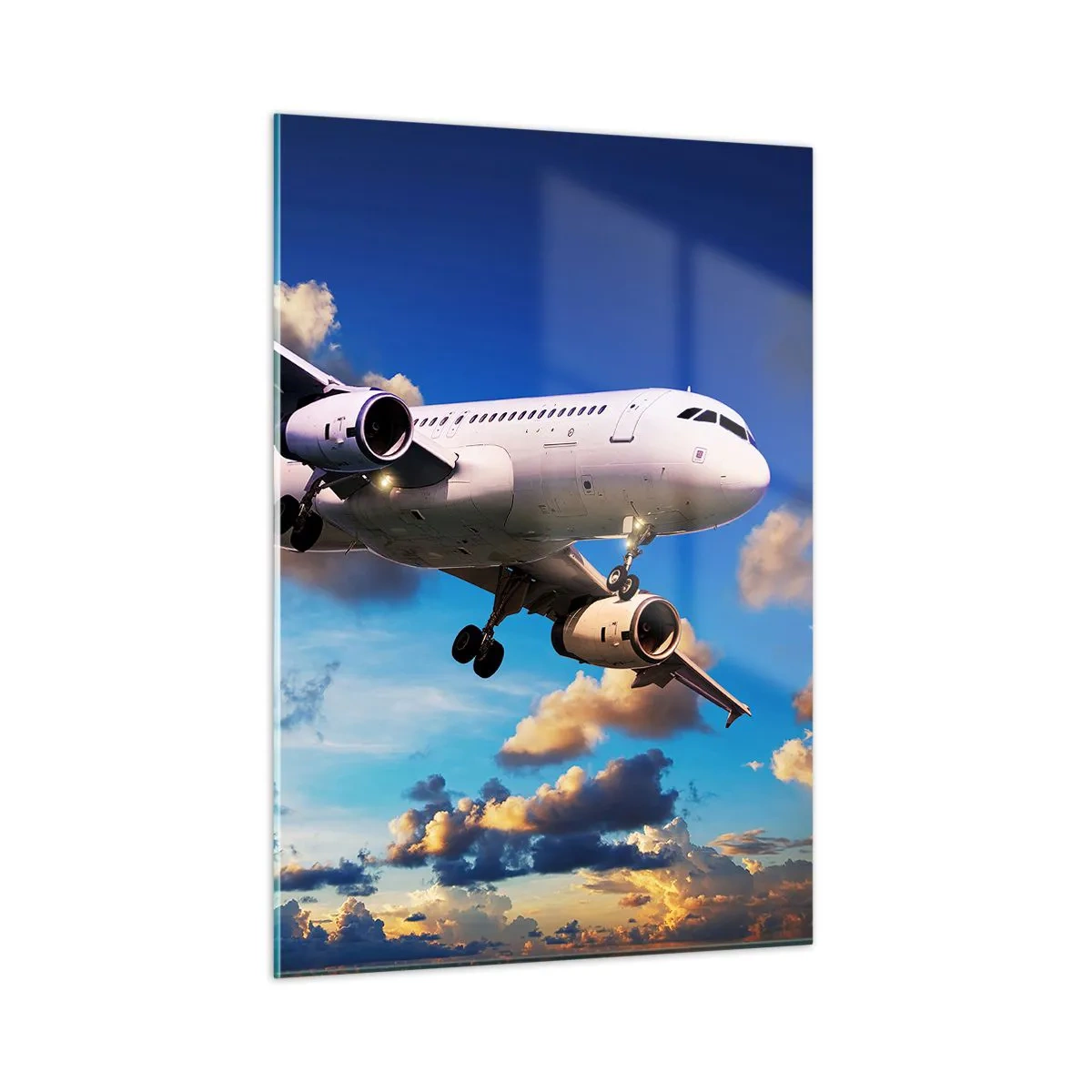 Impression sur verre - Image sur verre - Un avion en vol contre un ciel pittoresque - 50x70cm - Un voyage en blanc et bleu ciel - Décoration murale moderne pour le salon et la chambre ARTTOR