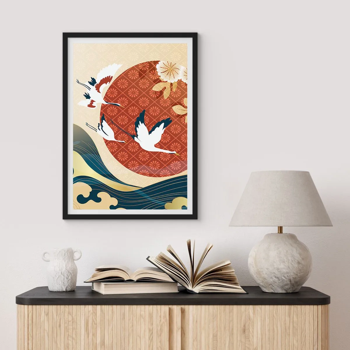 Affiche dans un cadre noir - Poster - Composition japonaise avec des grues, des vagues et un cercle rouge - 50x70cm - Conte japonnais - Décoration murale moderne pour le salon et la chambre ARTTOR