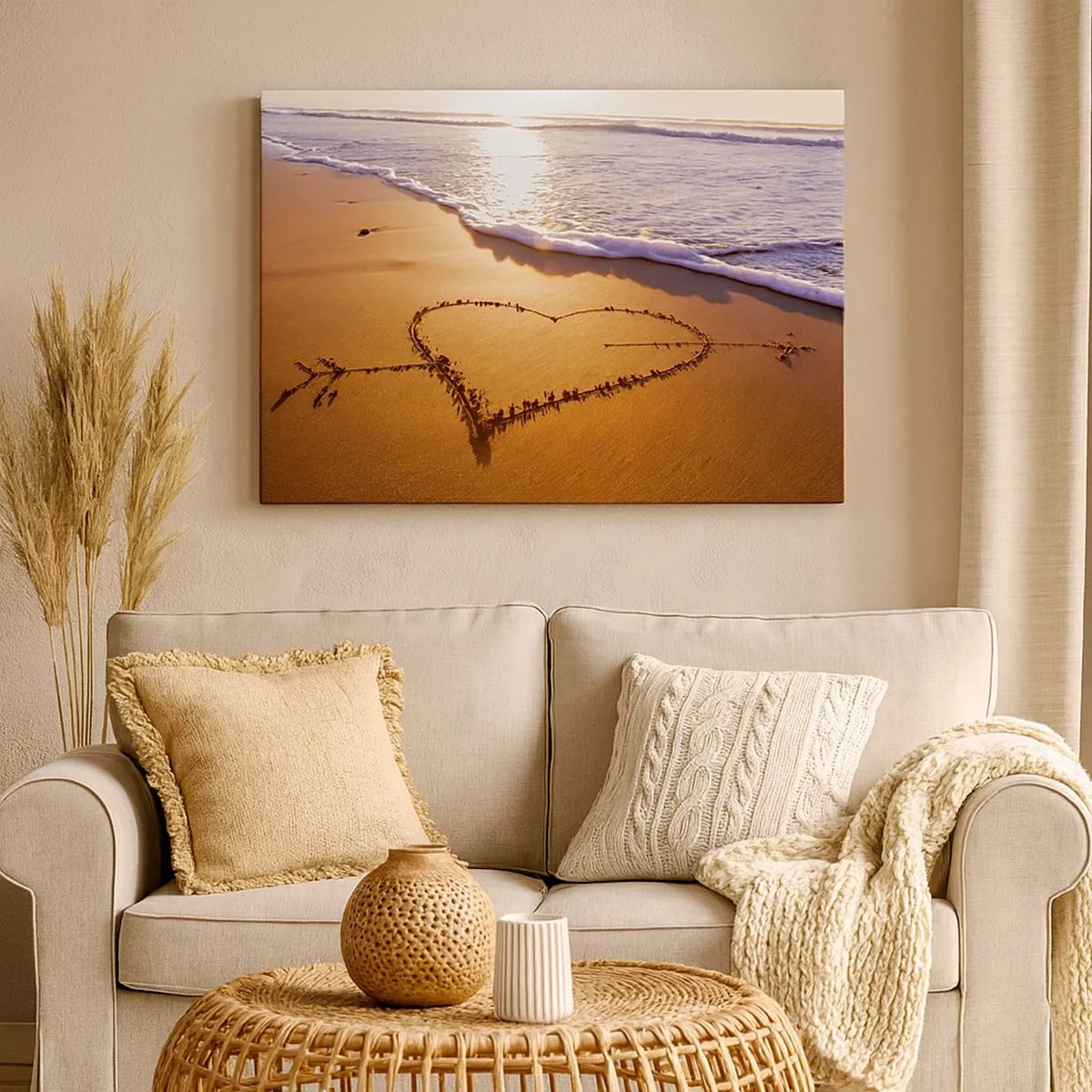 Impression sur toile - Image sur toile - Un cœur fait de sable sur la plage au coucher du soleil - 70x50cm - Confession de vacances - Décoration murale moderne pour le salon et la chambre ARTTOR