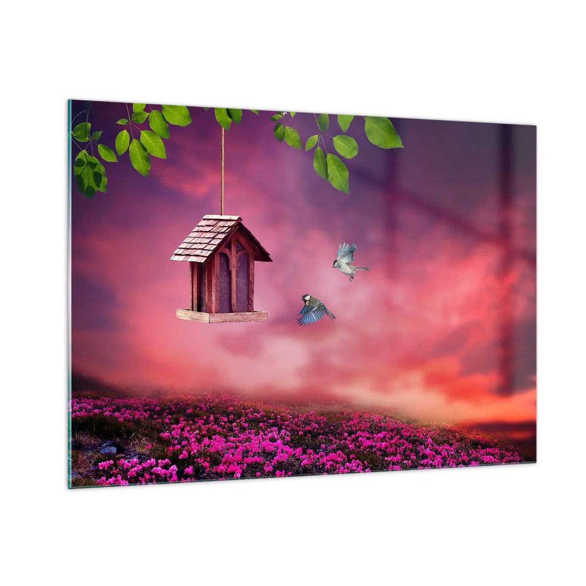 Impression sur verre - Image sur verre - Une mangeoire à oiseaux contre un ciel rose - 100x70cm - Invitation à dîner - Décoration murale moderne pour le salon et la chambre ARTTOR