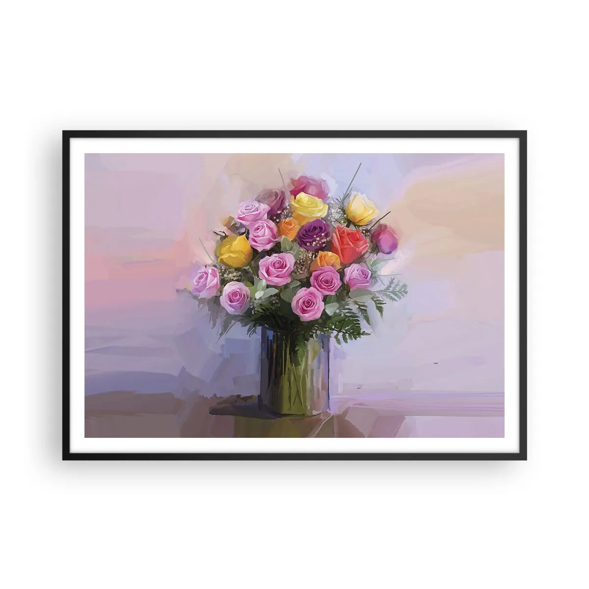 Affiche dans un cadre noir - Poster - Un bouquet de roses colorées dans un vase en verre - 100x70cm - Beauté conservée - Décoration murale moderne pour le salon et la chambre ARTTOR