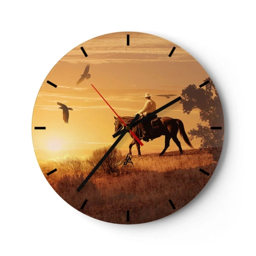 Horloge murale - Pendule murale - Cowboy à cheval au coucher du soleil - 30x30cm - Seul à travers la prairie - Décoration murale moderne pour le salon, la cuisine et la chambre ARTTOR