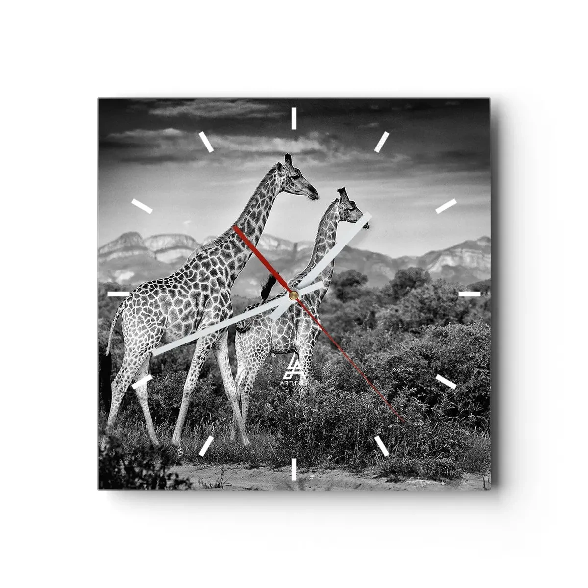 Horloge murale - Pendule murale - Silhouettes noires et blanches de deux girafes dans la savane - 30x30cm - Hautes sphères en Afrique - Décoration murale moderne pour le salon et la chambre ARTTOR