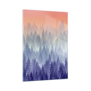 Impression sur verre - Image sur verre - Forêt de conifères mystérieuse aux tons pastel du matin - 50x70cm - Haut, plus haut, vers le ciel - Décoration murale moderne pour le salon et la chambre ARTTOR