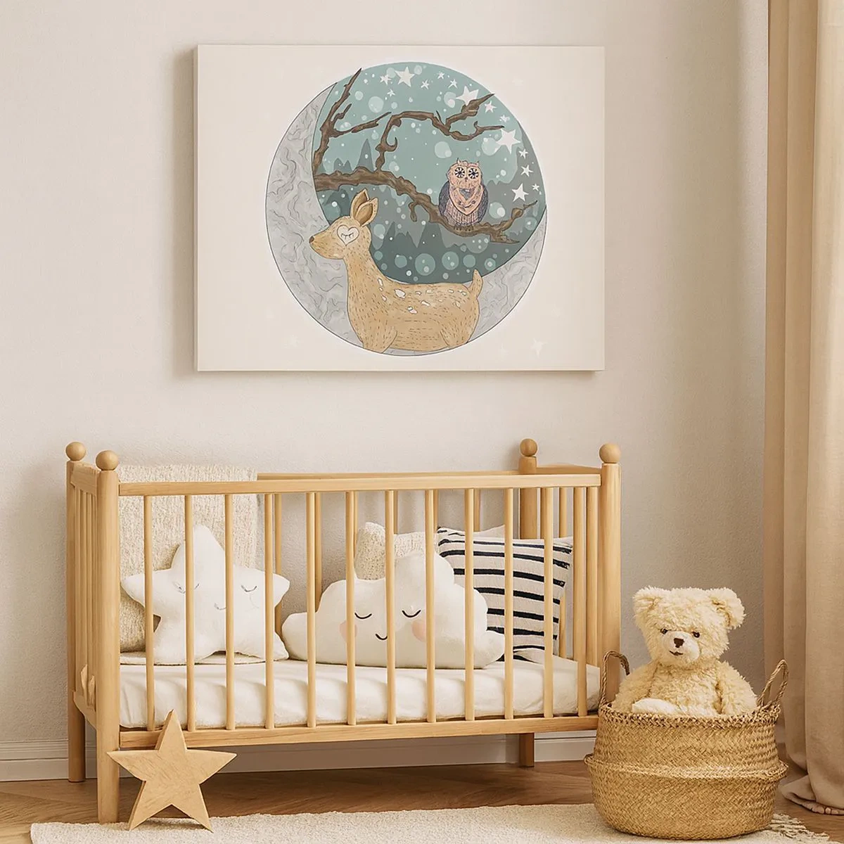 Impression sur toile - Image sur toile - Un cerf et un hibou dans un paysage nocturne de conte de fées - 70x50cm - Une nuit de conte de fées en forêt - Décoration murale moderne pour le salon et la chambre ARTTOR