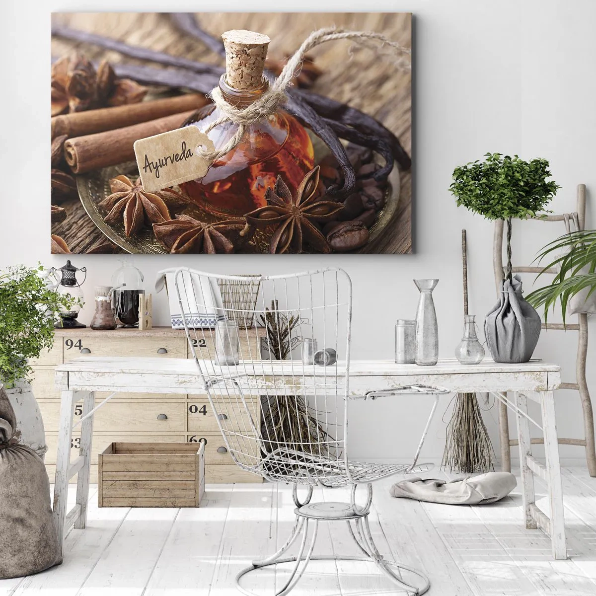 Impression sur toile - Image sur toile - Une bouteille d'huile d'épices sur un plateau - 120x80cm - Vers l'unité du corps et de l'esprit - Décoration murale moderne pour le salon et la chambre ARTTOR