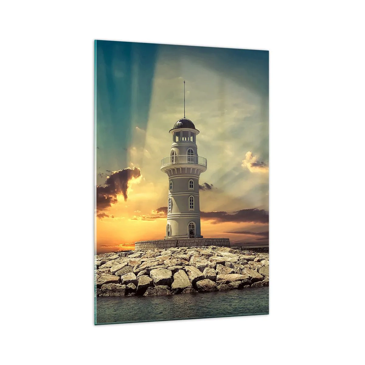 Impression sur verre - Image sur verre - Un phare au coucher du soleil contre le ciel - 70x100cm - Lumière - Bonté - Beauté - Décoration murale moderne pour le salon et la chambre ARTTOR