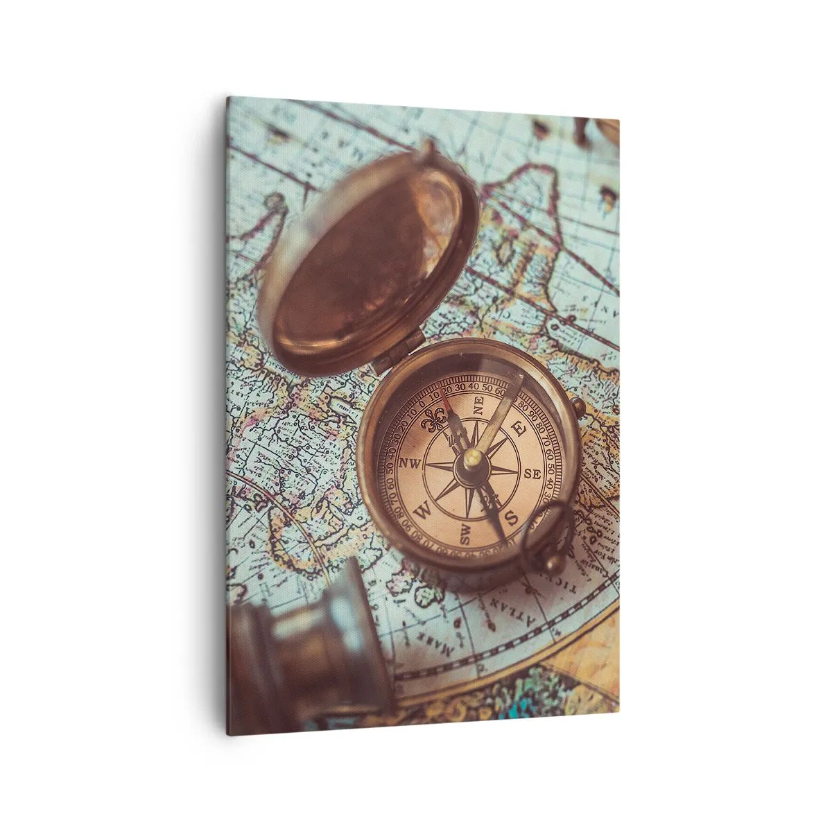 Impression sur toile - Image sur toile - Composition avec une boussole, des clés et une vieille carte dans un style rétro - 70x100cm - Pour ceux qui recherche l'aventure - Décoration murale moderne pour le salon et la chambre ARTTOR