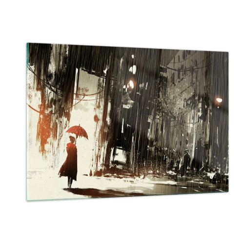 Impression sur verre - Image sur verre - Une personne avec un parapluie rouge sous la pluie sur fond de ville sombre. - 120x80cm - La poésie du parapluie rouge - Décoration murale moderne pour le salon et la chambre ARTTOR