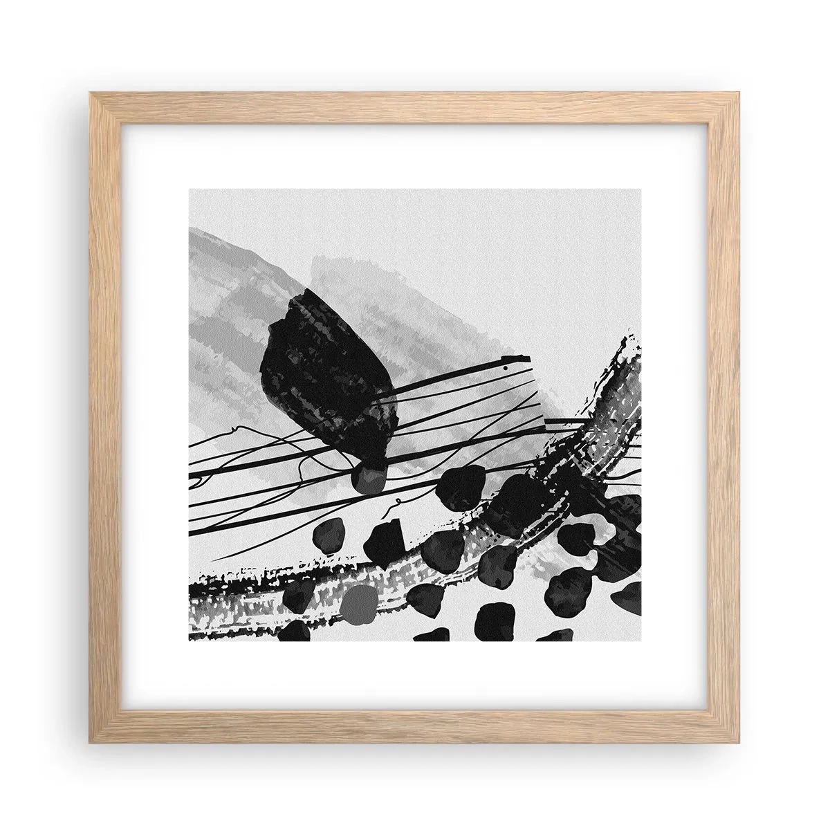 Affiche dans un chêne clair - Poster - Abstraction organique noir et blanc - 30x30 cm