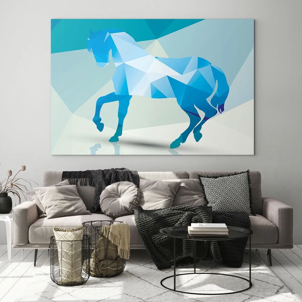 Impression sur verre - Image sur verre - Cheval géométrique dans les tons bleu et blanc - 100x70cm - Cheval géométrique en turquoise - Décoration murale moderne pour le salon et la chambre ARTTOR