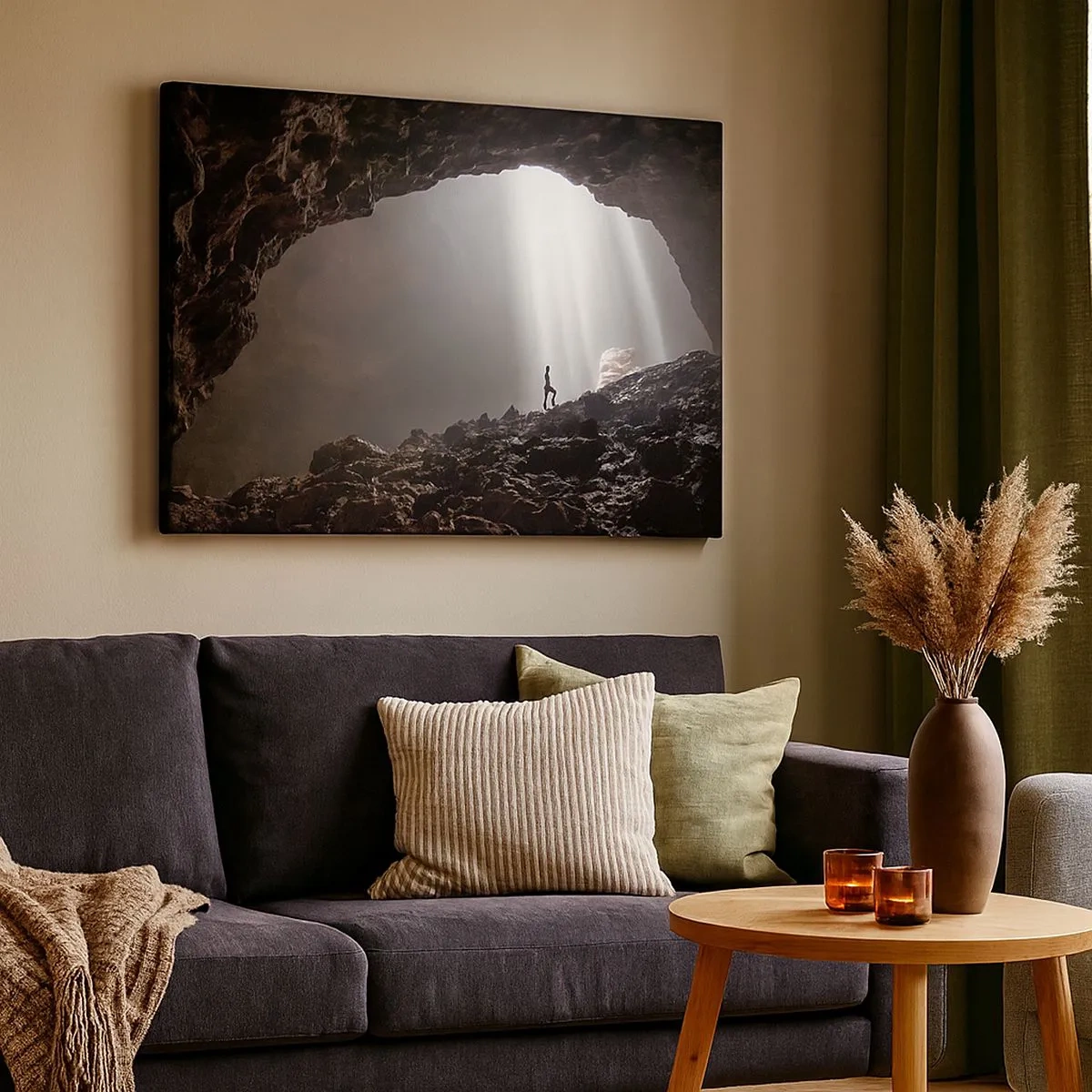 Impression sur toile - Image sur toile - Une figure dans une grotte éclairée par des rayons de lumière - 70x50cm - Grotte lumineuse - Décoration murale moderne pour le salon et la chambre ARTTOR