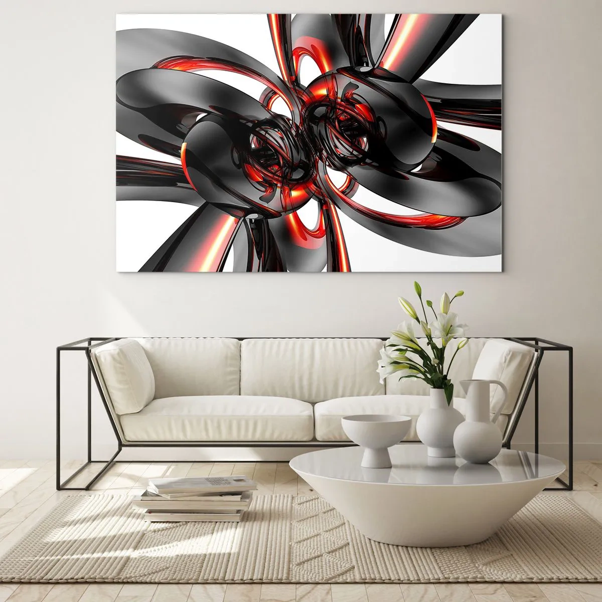 Impression sur verre - Image sur verre - Abstraction moderne en noir et rouge - 70x50cm - Mouvement de graphite et rouge - Décoration murale moderne pour le salon et la chambre ARTTOR