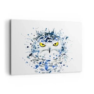 Impression sur toile - Image sur toile - Portrait abstrait d'un hibou aux couleurs bleu et jaune - 100x70cm - Droit dans les yeux - Décoration murale moderne pour le salon et la chambre ARTTOR