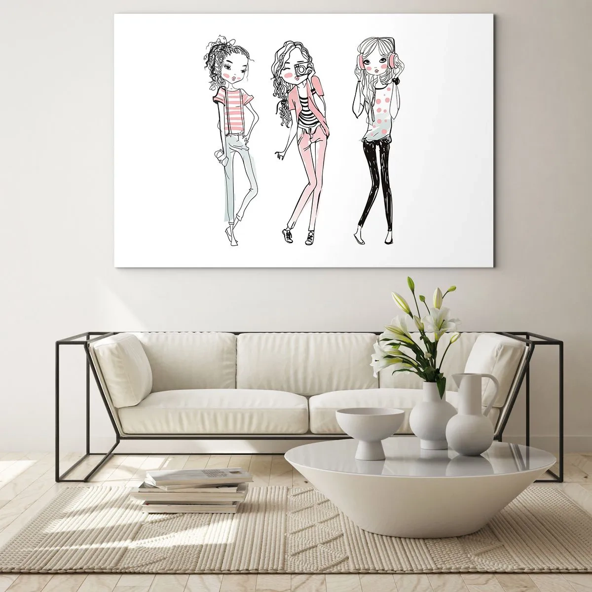 Impression sur verre - Image sur verre - Trois filles élégantes aux couleurs pastel - 120x80cm - On va s'amuser - Décoration murale moderne pour le salon et la chambre ARTTOR