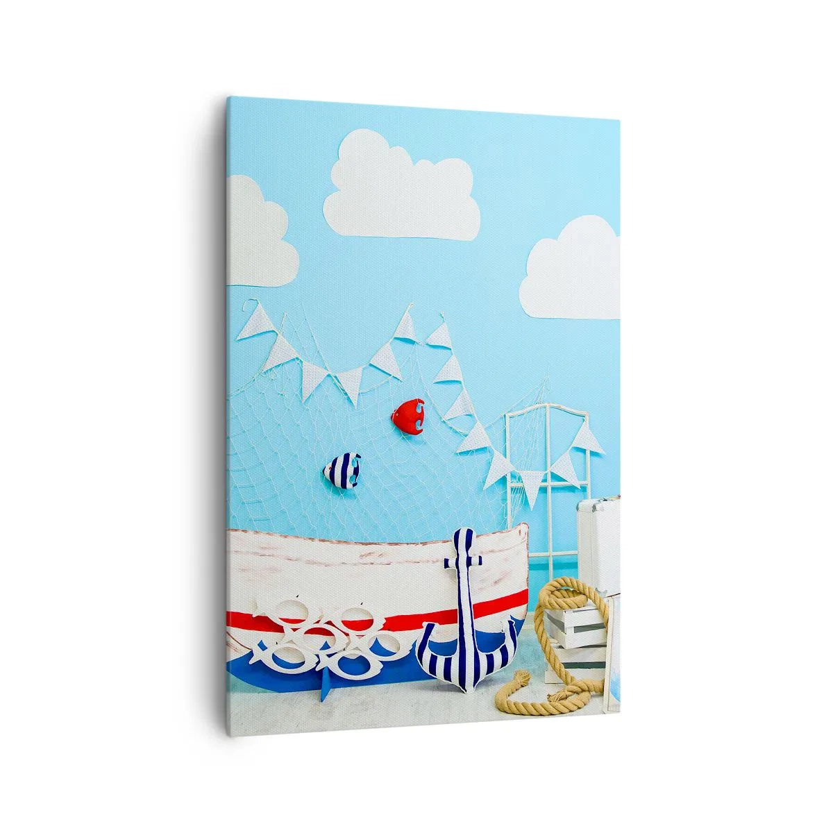 Impression sur toile - Image sur toile - Décoration nautique avec un bateau et des accessoires sur fond bleu - 70x100cm - Nostalgie infantile de l'aventure - Décoration murale moderne pour le salon et la chambre ARTTOR