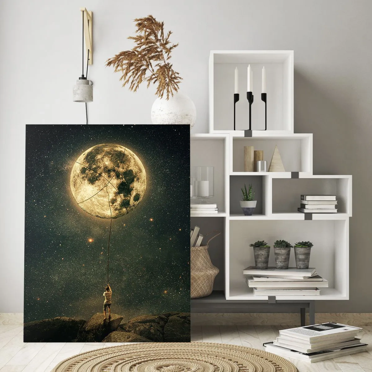 Impression sur verre - Image sur verre - L'homme avec la lune contre le ciel étoilé - 80x120cm - Celui qui a volé la lune - Décoration murale moderne pour le salon et la chambre ARTTOR