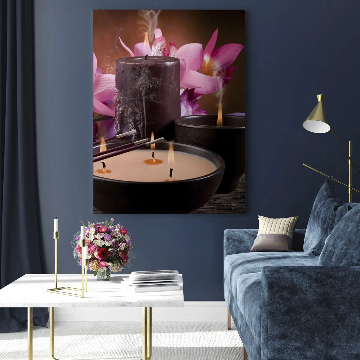 Impression sur verre - Image sur verre - Composition de relaxation avec Bouddha, bougies et fleurs - 50x70cm - Vider l'esprit, calmer le corps - Décoration murale moderne pour le salon et la chambre ARTTOR
