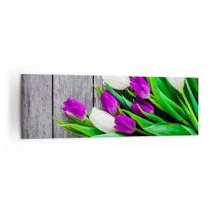 Impression sur toile - Image sur toile - Un bouquet de tulipes violettes et blanches sur un fond en bois - 160x50cm - Le jour des vacances de printemps - Décoration murale moderne pour le salon et la chambre ARTTOR