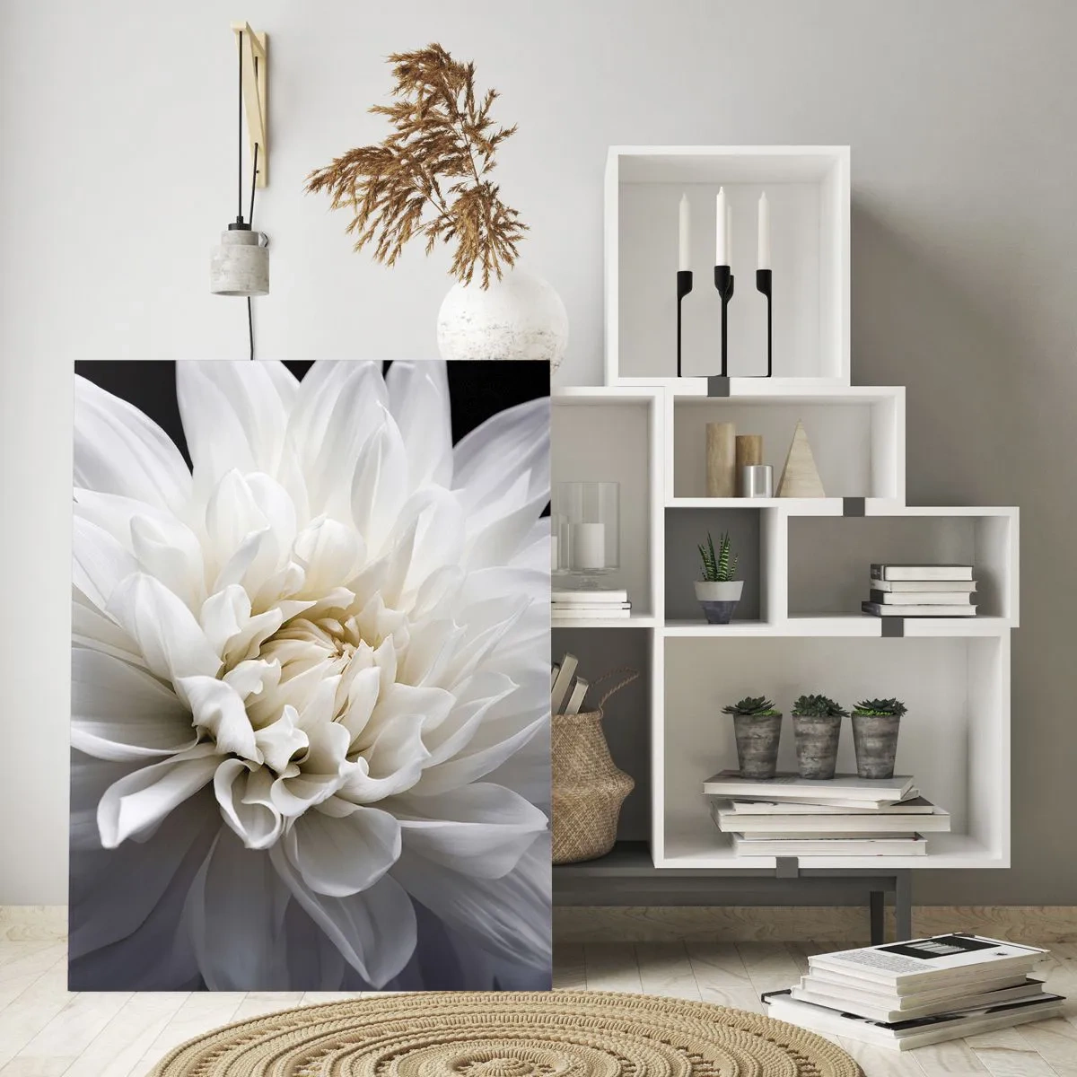 Impression sur verre - Image sur verre - Une délicate fleur blanche sur fond noir dans une composition élégante - 80x120cm - Le matin de la jeune mariéé - Décoration murale moderne pour le salon et la chambre ARTTOR