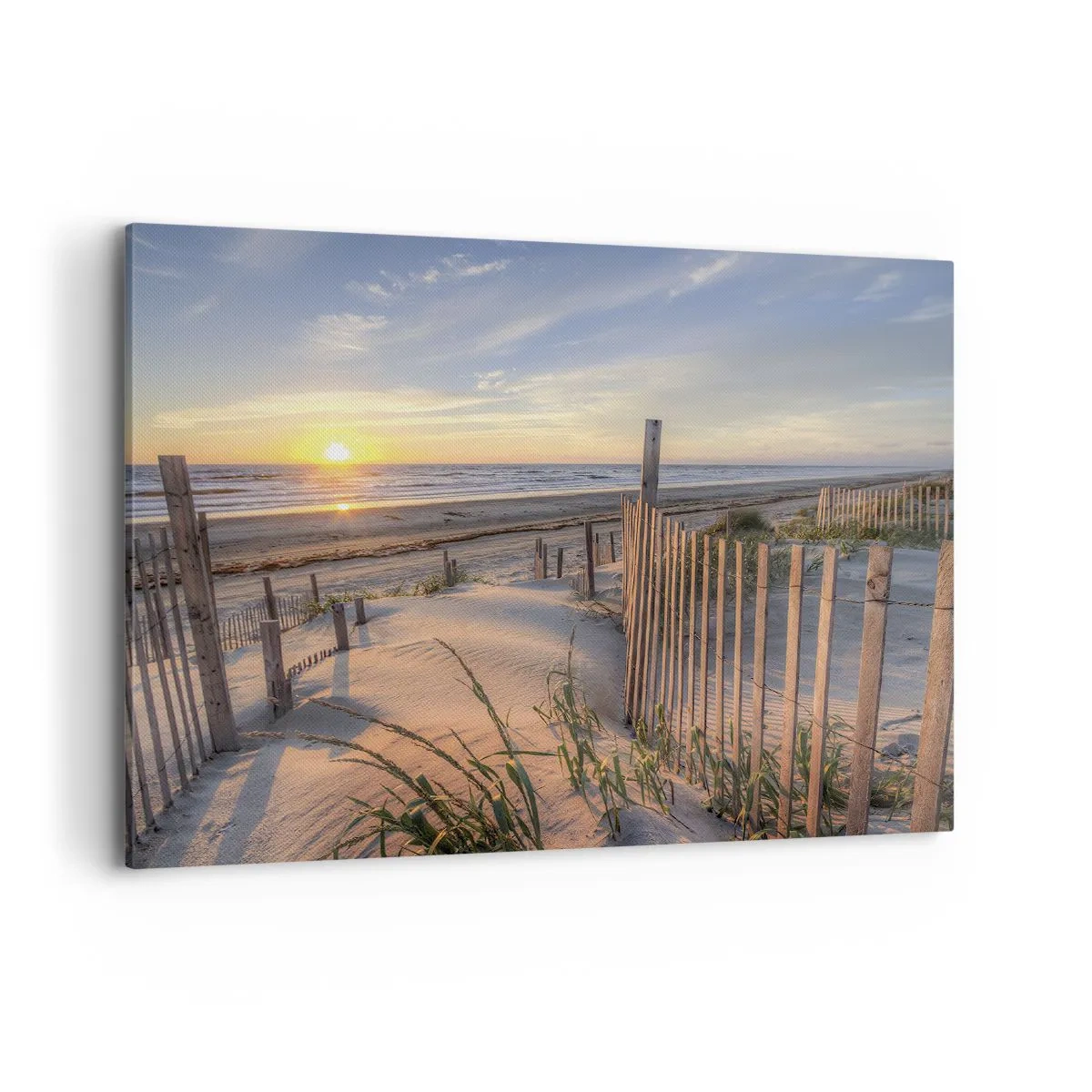 Impression sur toile - Image sur toile - Plage au coucher du soleil avec clôture en bois - 100x70cm - Ombre et brillance du vent - Décoration murale moderne pour le salon et la chambre ARTTOR