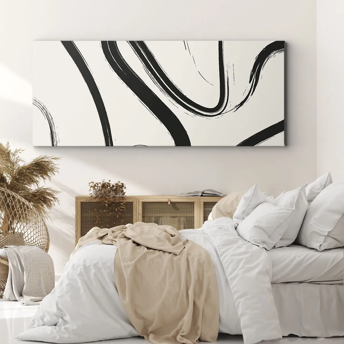 Impression sur toile - Image sur toile - Lignes courbes noires et blanches sur fond clair - 120x50cm - Fantaisie en noir et blanc - Décoration murale moderne pour le salon et la chambre ARTTOR