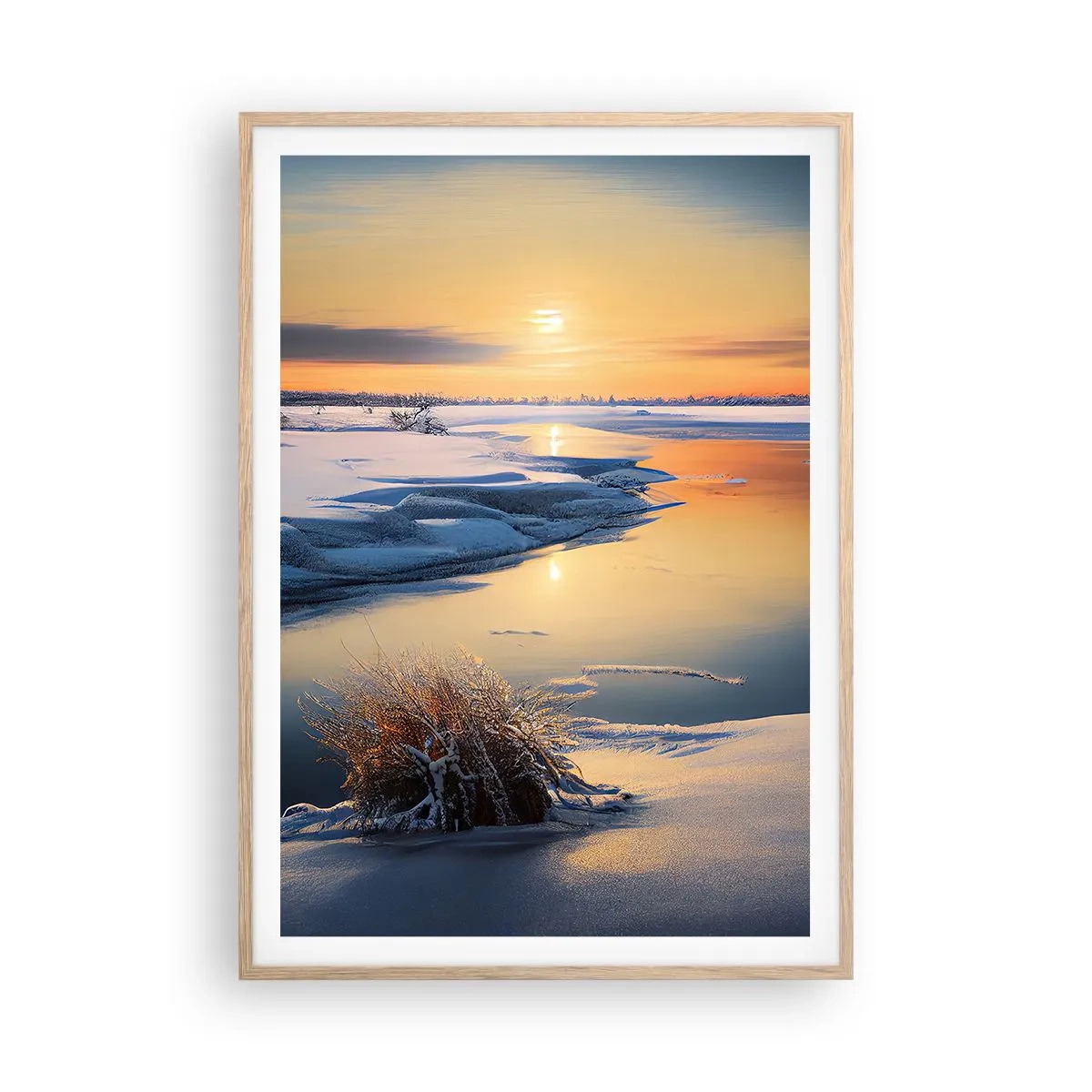 Affiche dans un chêne clair - Poster - Coucher de soleil d'hiver - 70x100 cm