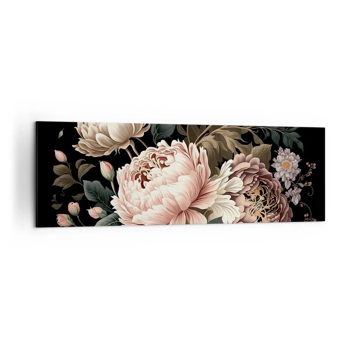 Impression sur toile - Image sur toile - Un bouquet de fleurs roses et de papillons sur fond noir - 160x50cm - De style baroque - Décoration murale moderne pour le salon et la chambre ARTTOR