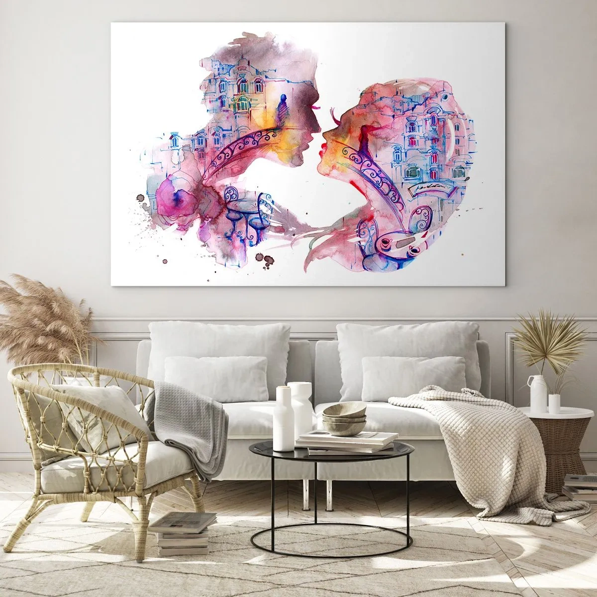 Impression sur verre - Image sur verre - Illustration d'un portrait abstrait de deux personnes en forme de cœur - 70x50cm - Le pont secret des soupirs - Décoration murale moderne pour le salon et la chambre ARTTOR