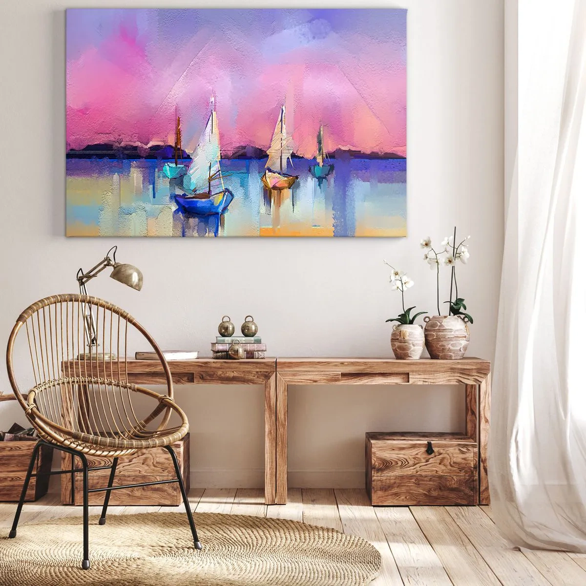 Impression sur toile - Image sur toile - Voiliers sur une mer calme aux couleurs pastel du coucher de soleil - 70x50cm - Direction: les eaux larges - Décoration murale moderne pour le salon et la chambre ARTTOR