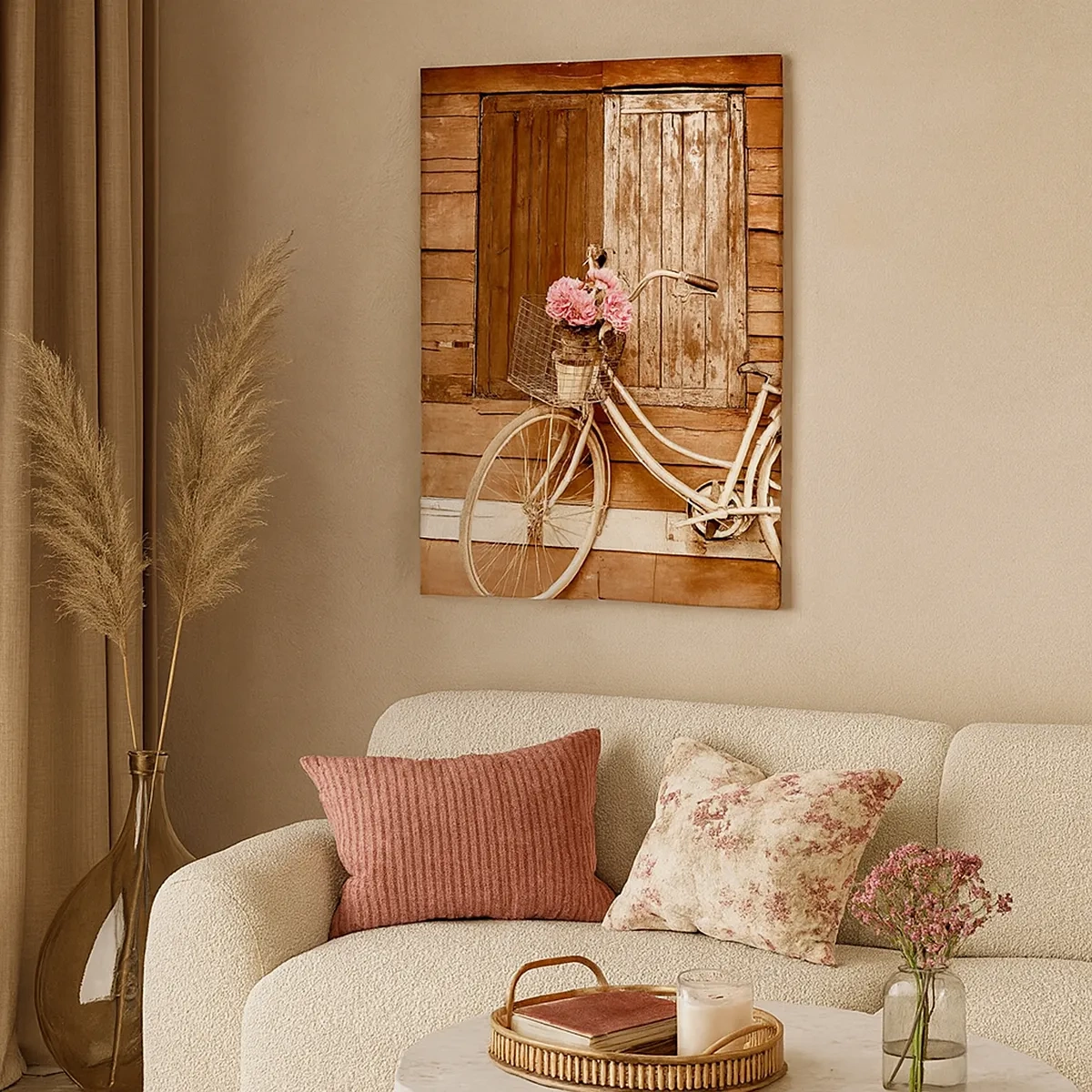Impression sur toile - Image sur toile - Un vélo avec un panier rempli de roses contre un mur en bois - 50x70cm - Je reviens tout de suite - Décoration murale moderne pour le salon et la chambre ARTTOR