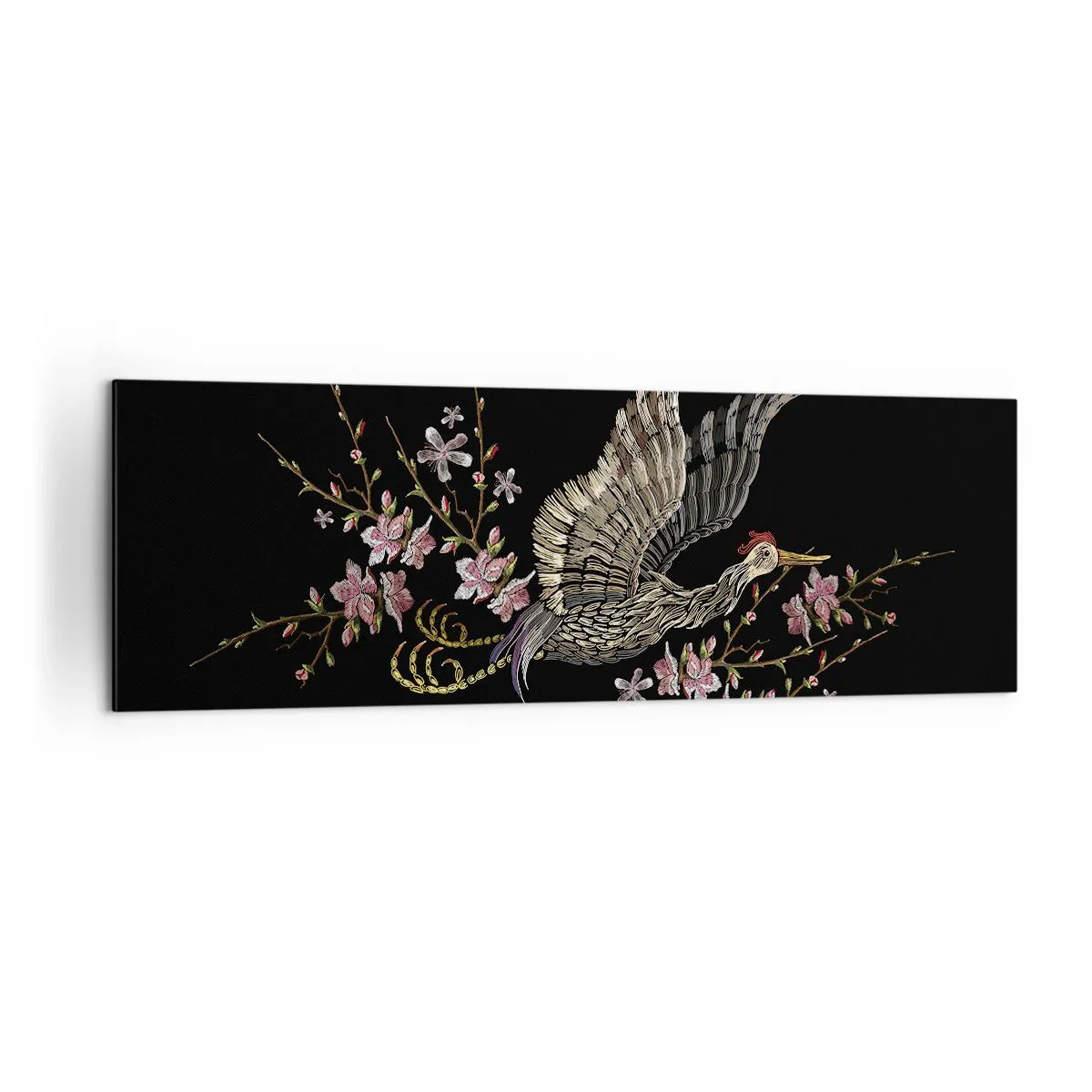 Impression sur toile - Image sur toile - Un oiseau en vol avec des fleurs sur fond noir - 160x50cm - Oiseau brodé exotique - Décoration murale moderne pour le salon et la chambre ARTTOR