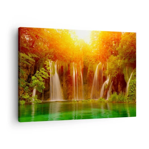 Impression sur toile - Image sur toile - Cascades entourées de verdure dans la lueur du soleil couchant - 70x50cm - Au soleil et à l'ombre - Décoration murale moderne pour le salon et la chambre ARTTOR