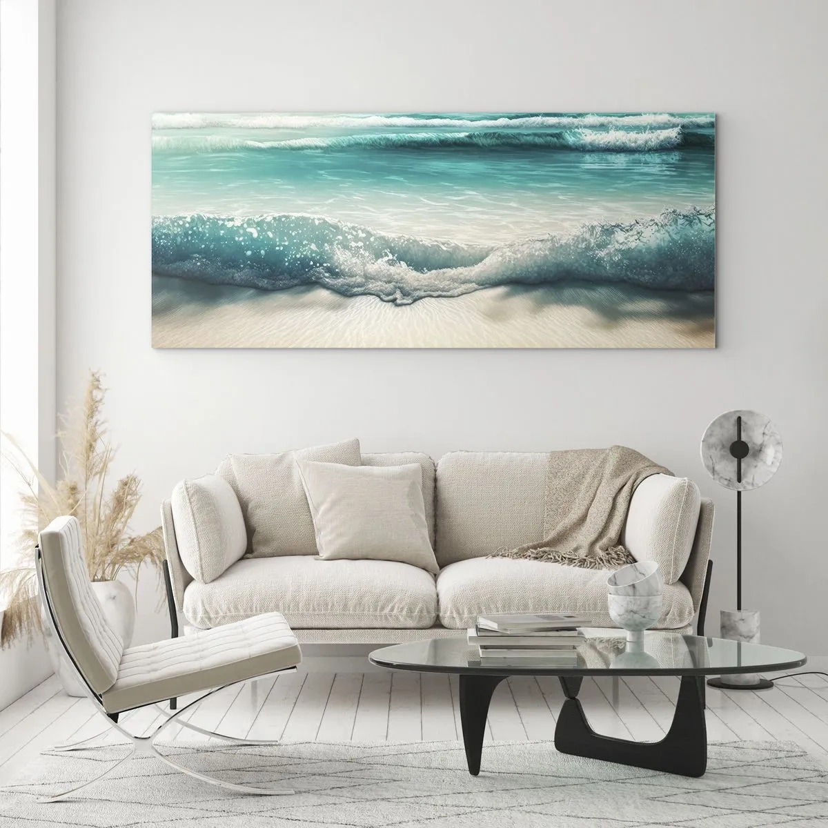 Impression sur verre - Image sur verre - Vagues de l'océan sur une plage de sable clair - 140x50cm - La paix de l'océan - Décoration murale moderne pour le salon et la chambre ARTTOR