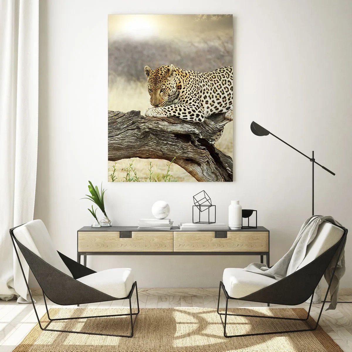 Impression sur verre - Image sur verre - Un léopard se reposant sur une branche en bois - 50x70cm - Je suis ma propre route - Décoration murale moderne pour le salon et la chambre ARTTOR