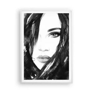 Affiche dans un cadre blanc - Poster - Portrait d'une dame en noir et blanc - 70x100 cm