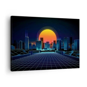 Impression sur toile - Image sur toile - Horizon urbain futuriste de style néon - 70x50cm - Vous voulez toujours passer au réel ? - Décoration murale moderne pour le salon et la chambre ARTTOR