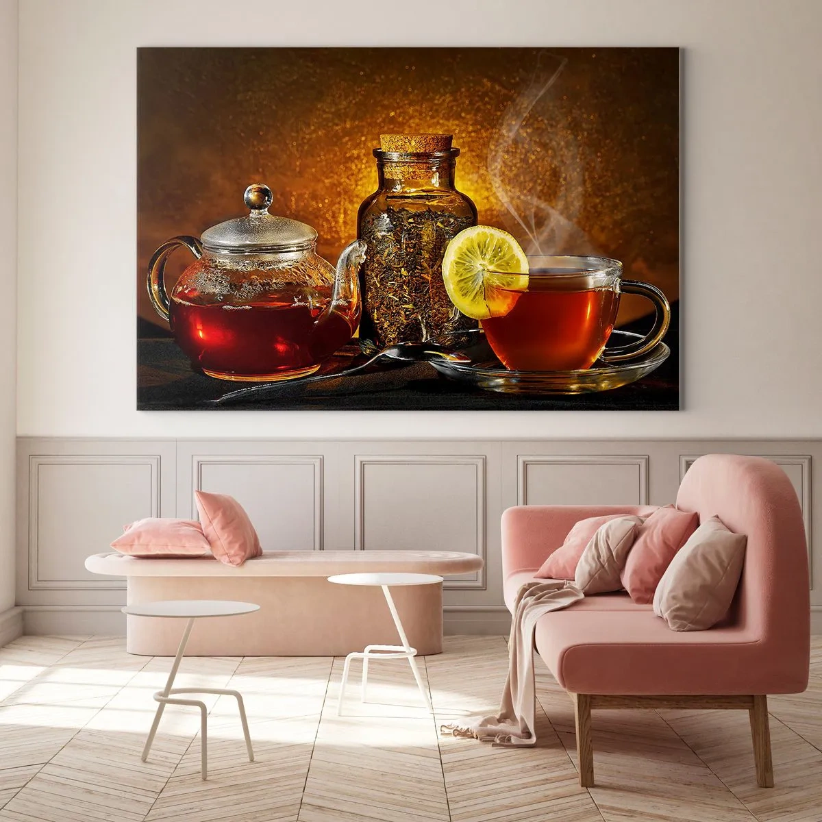 Impression sur verre - Image sur verre - Une théière en verre et une tasse de thé au citron - 120x80cm - Dans le style des maîtres hollandais - Décoration murale moderne pour le salon et la chambre ARTTOR
