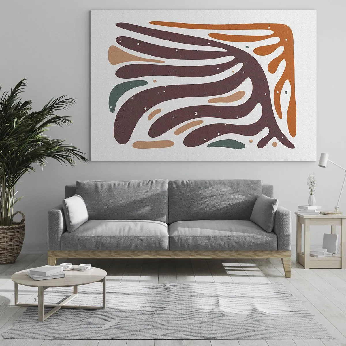 Impression sur verre - Image sur verre - Formes abstraites dans les tons bruns et oranges rayonnant sur un fond blanc - 70x50cm - Composition organique rayonnante - Décoration murale moderne pour le salon et la chambre ARTTOR