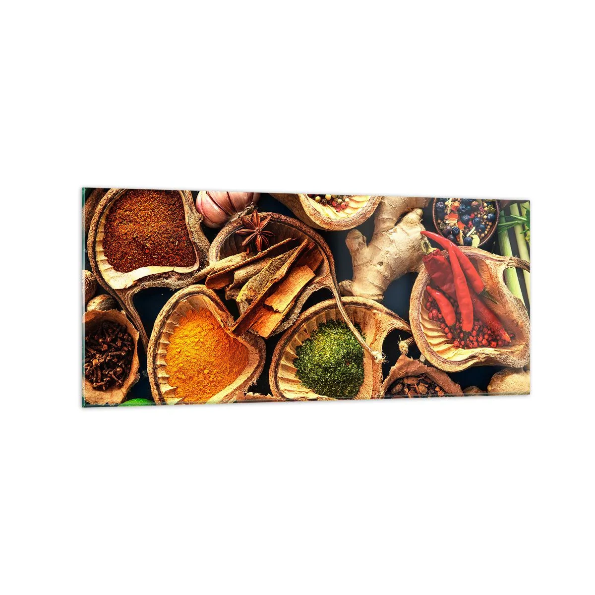 Impression sur verre - Image sur verre - Bols d'épices de différentes couleurs - 120x50cm - Prends ce que tu veux - Décoration murale moderne pour le salon et la chambre ARTTOR