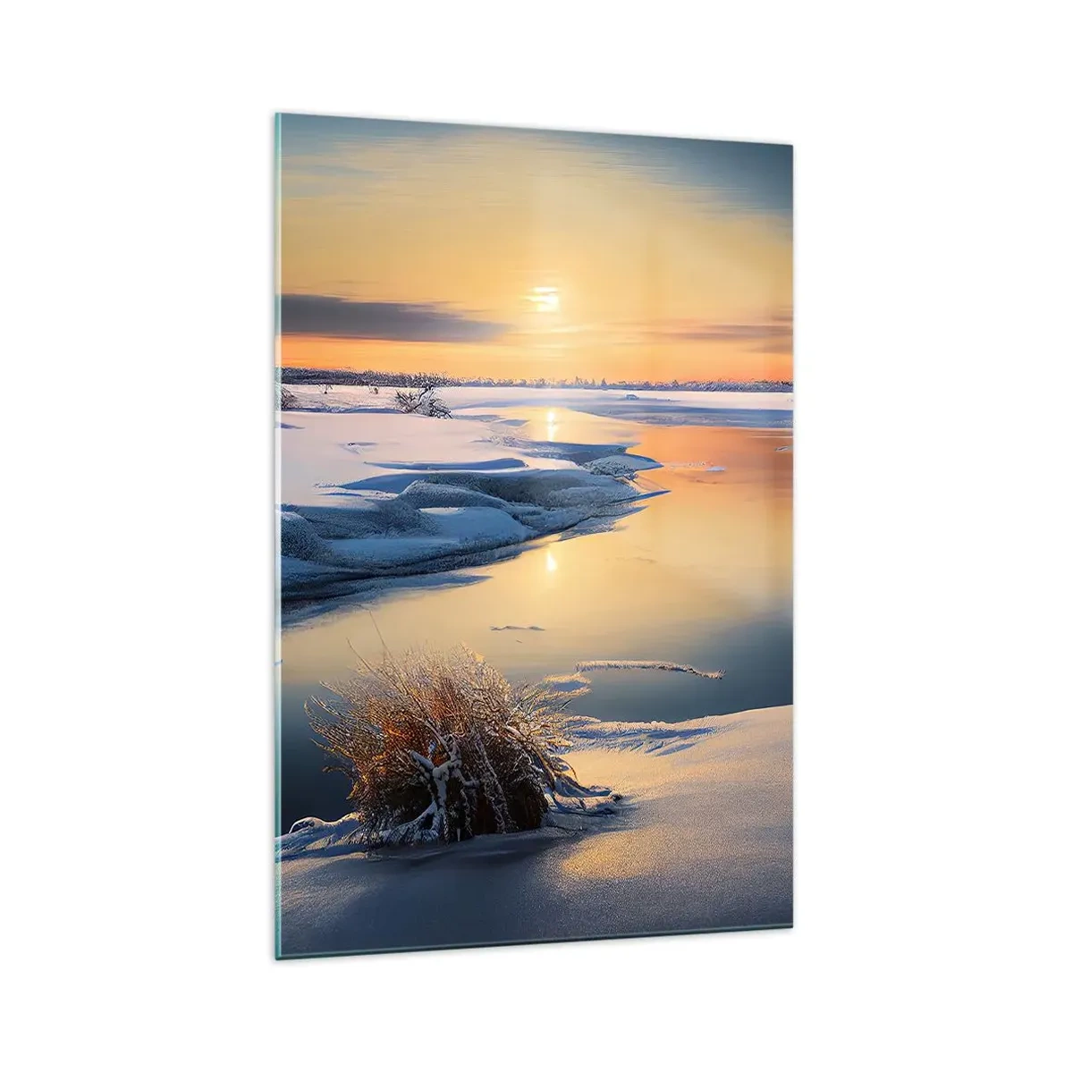 Impression sur verre - Image sur verre - Paysage d'hiver avec une rivière au coucher du soleil - 70x100cm - Coucher de soleil d'hiver - Décoration murale moderne pour le salon et la chambre ARTTOR
