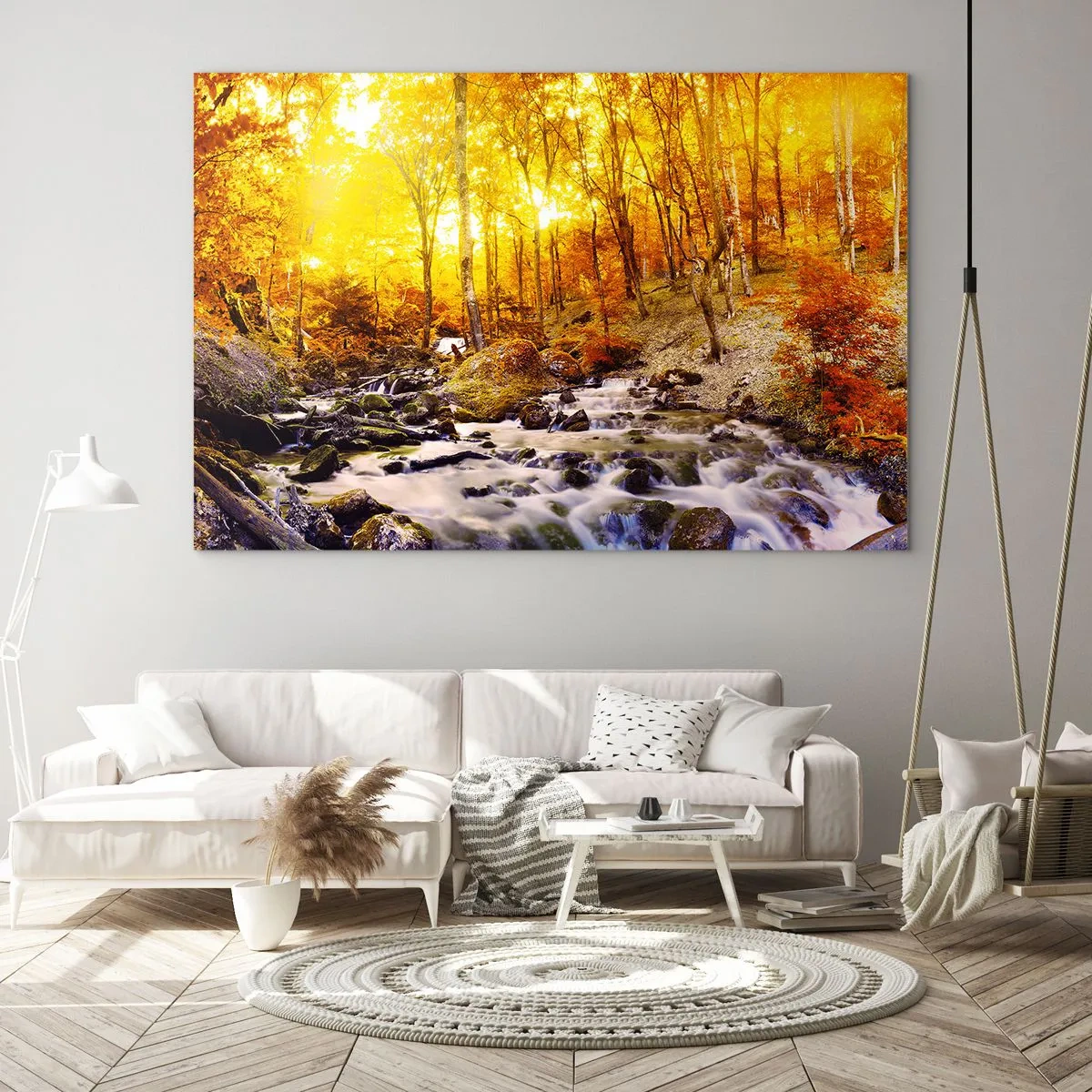 Impression sur verre - Image sur verre - Forêt d'automne avec une rivière dans les rayons de lumière chaude - 70x50cm - Pierres serties d'or et de platine - Décoration murale moderne pour le salon et la chambre ARTTOR